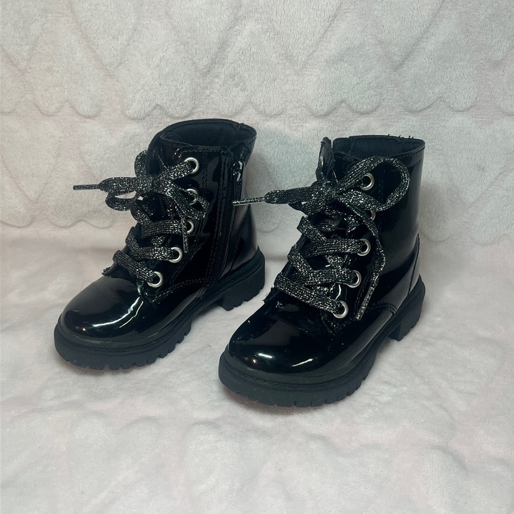 Black Patent Leather Lace-Up Boots with side zipper